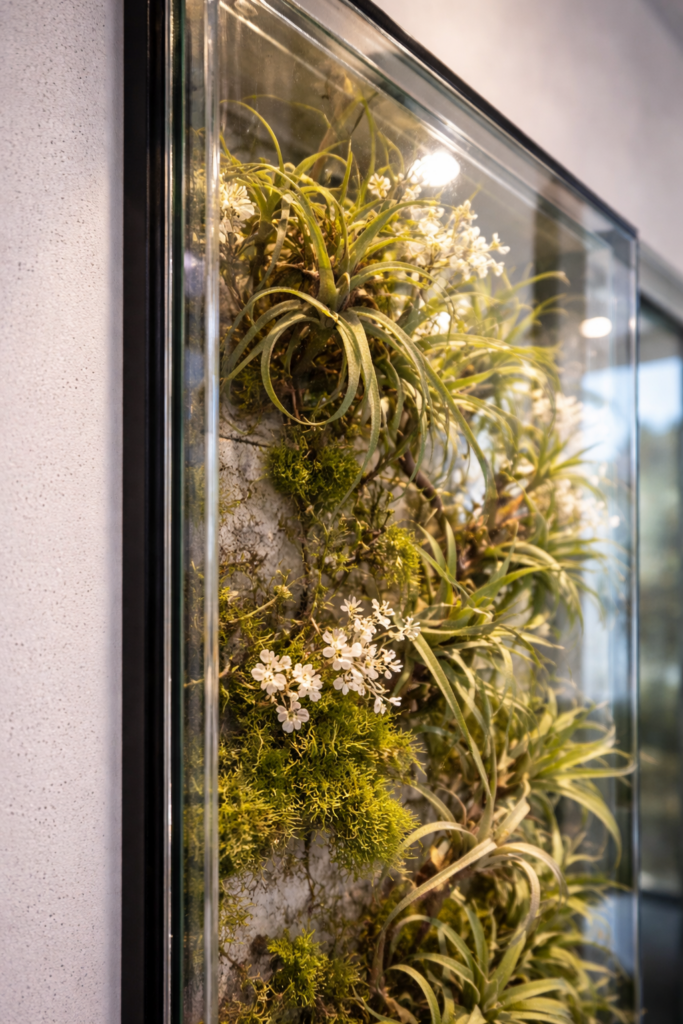 glass botanical panel with preserved plants composition