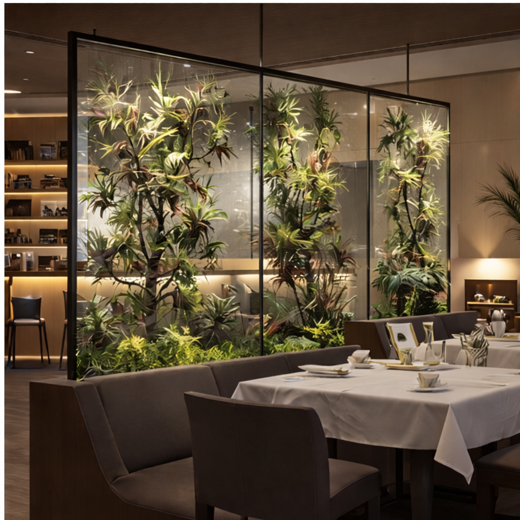 architectural green wall with glass panel system in hospitality space