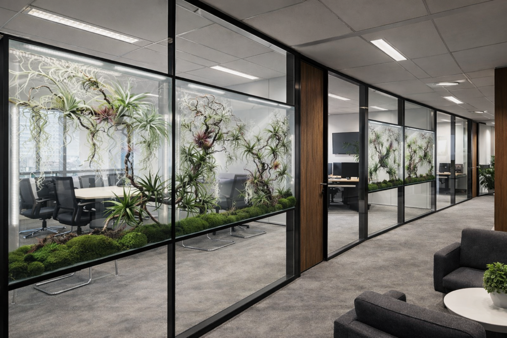 glass partition with integrated plants in office environment