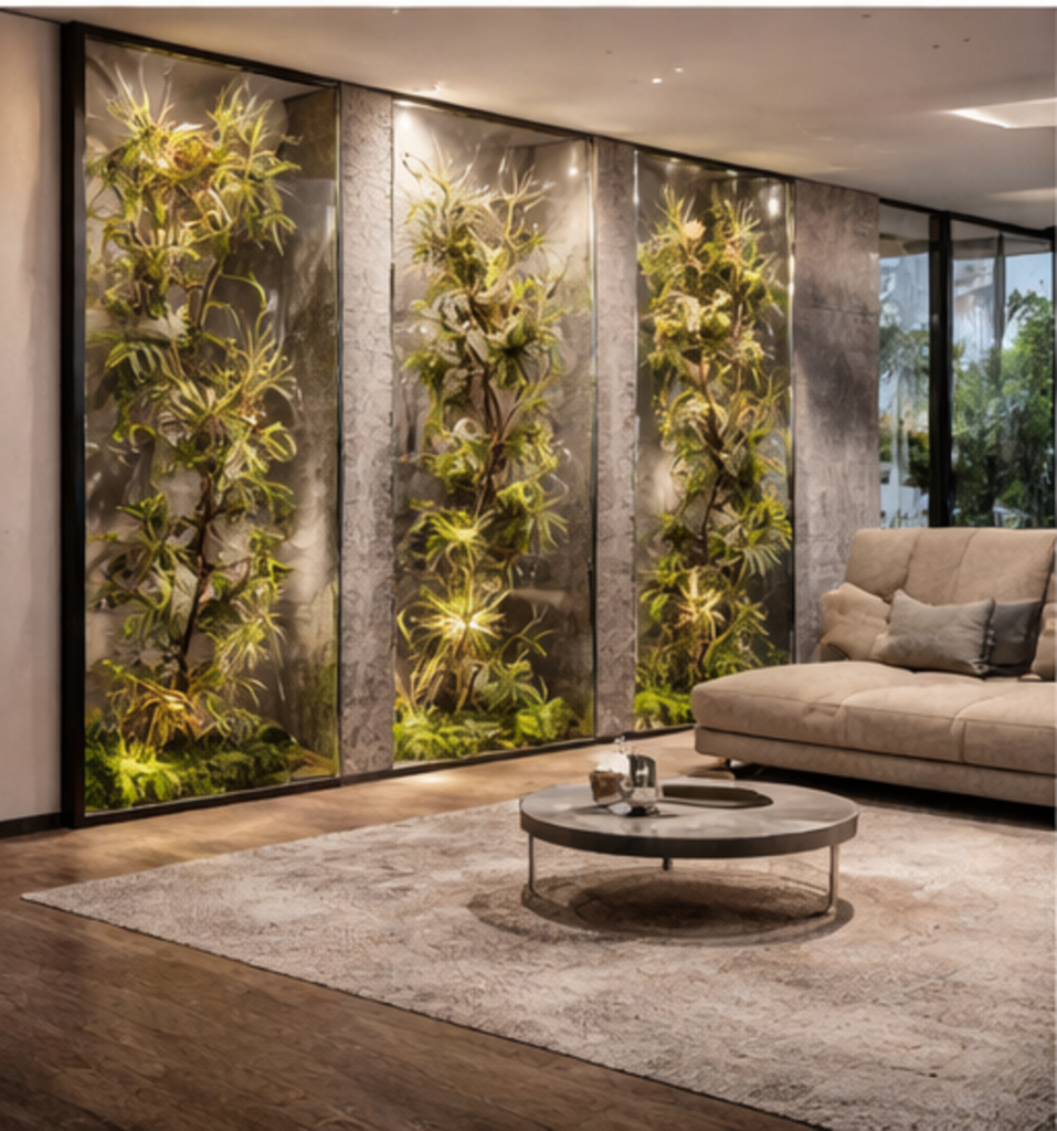 architectural glass partition with integrated botanical panels in interior space