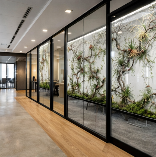 glass partition with integrated botanical panels for privacy and design