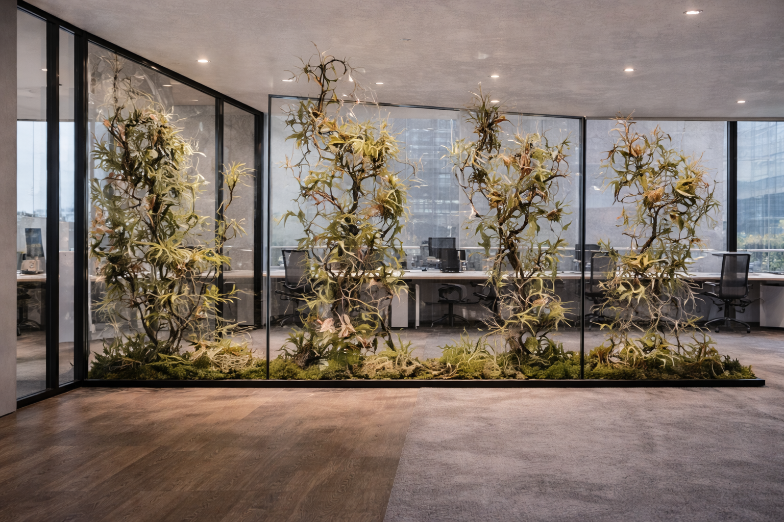 biophilic glass panel system in modern office interior