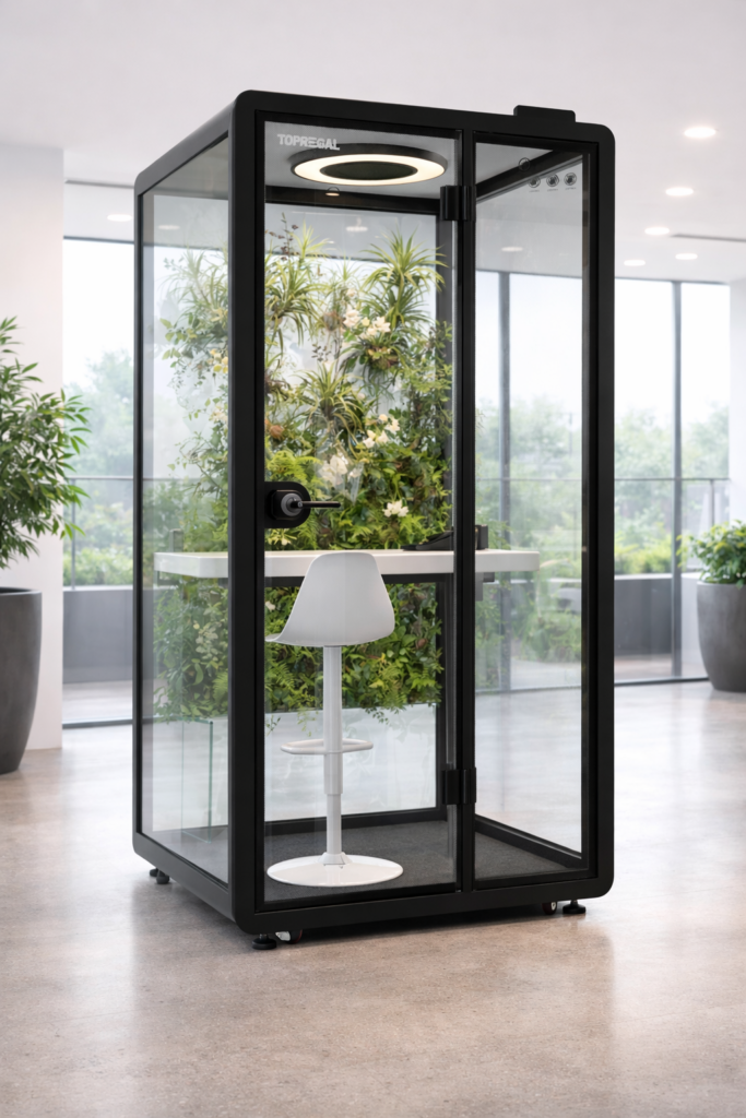 Freestanding officebox with integrated biophillic glass panels