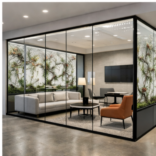 glass meeting room partition with botanical panels