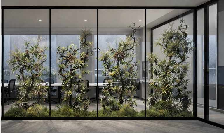 architectural glass panels with preserved plants in workspace