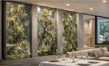 green wall glass panel system in hospitality interior
