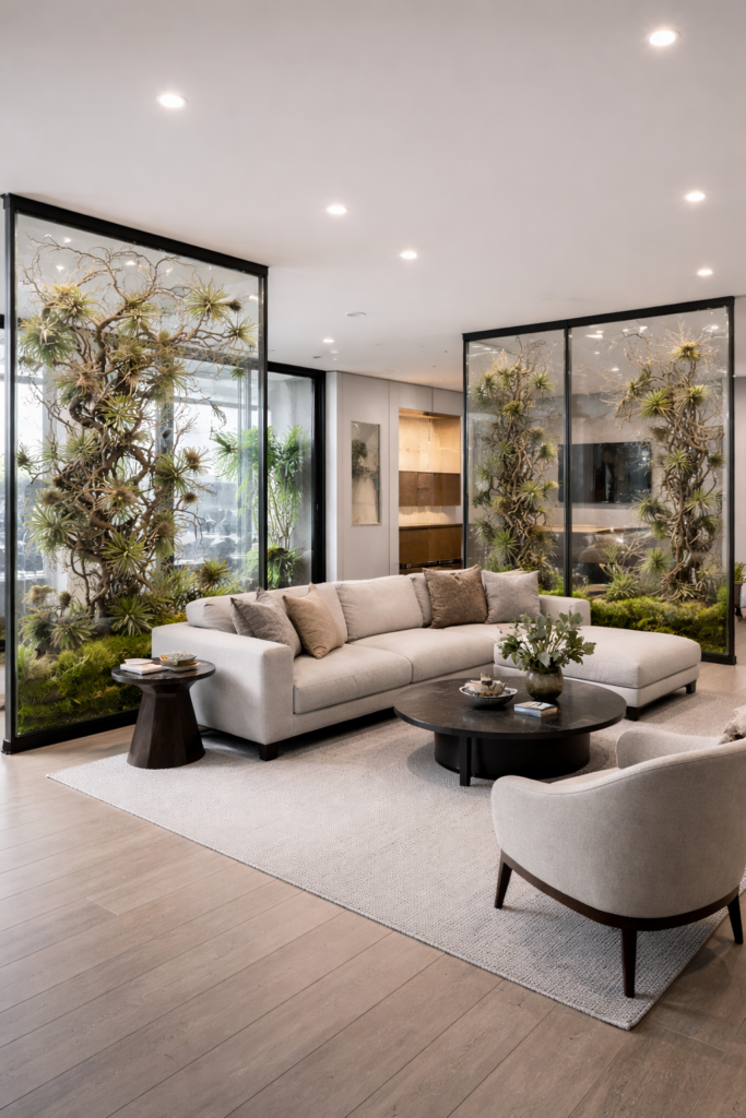 modern glass partition system with integrated plant panels in interior space
