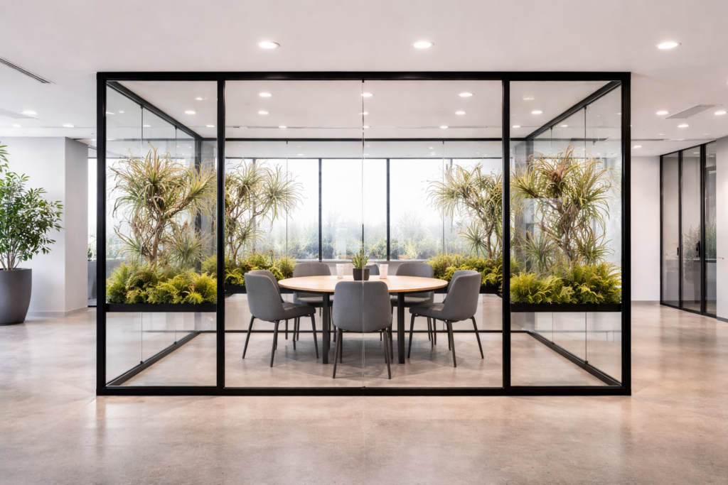 glass meeting room with integrated botanical panels