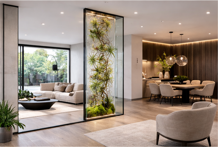 floor to ceiling biophilic glass panel in residential interior