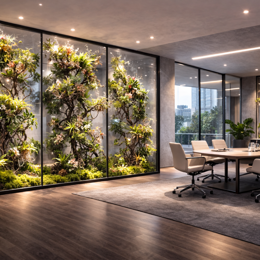 biophilic glass panels in meeting room partition design