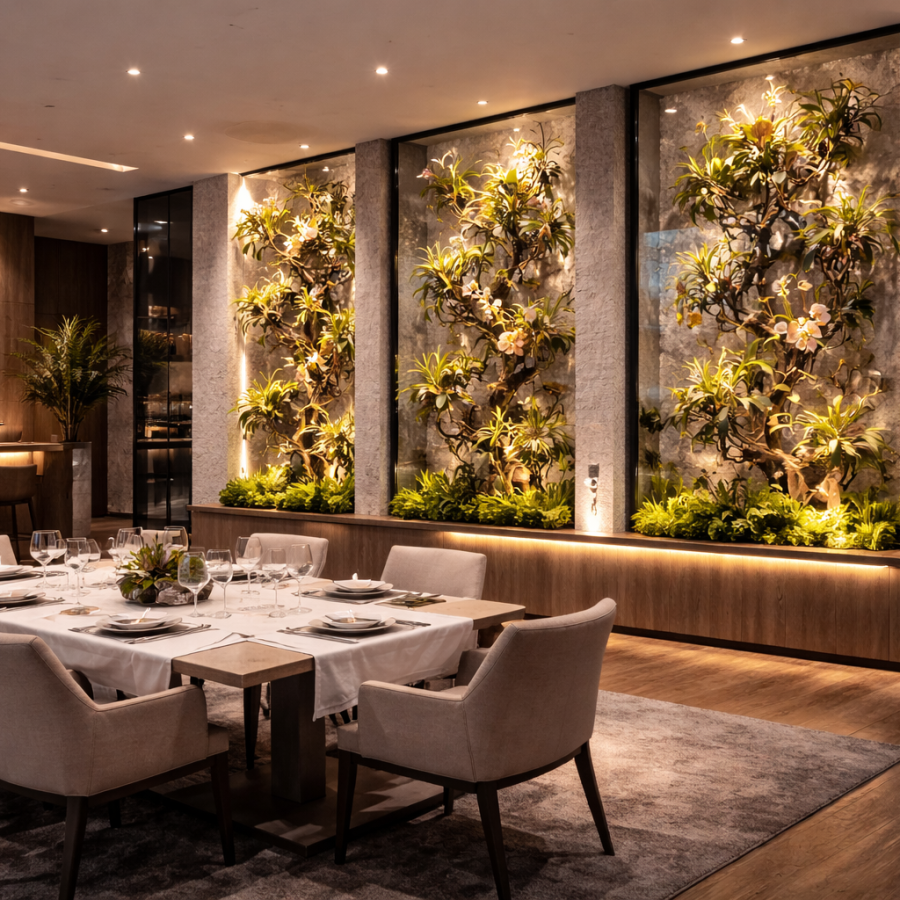 architectural green feature wall with integrated plants